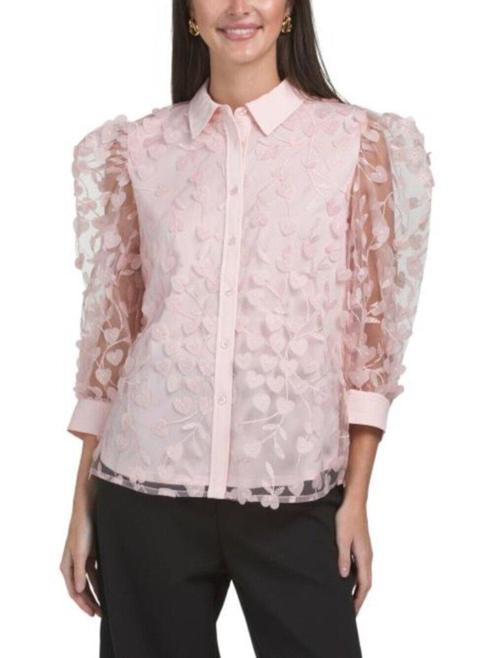 Anne Klein Three-quarter Puff Sleeve Button Down Combo Blouse NWT